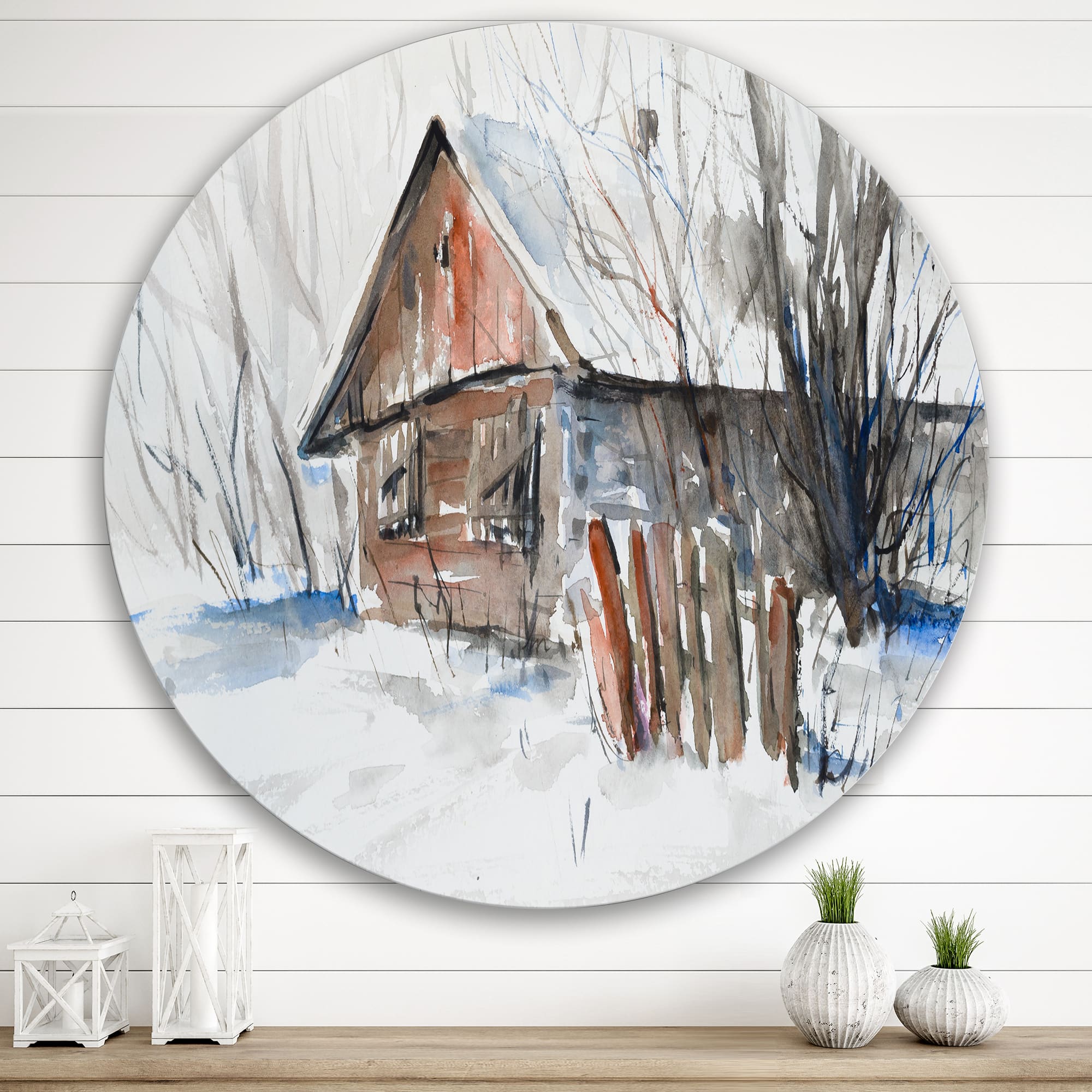Designart - Old Abandoned Wooden House In Winter Picture - Traditional Metal Circle Wall Art